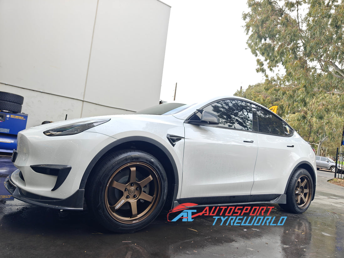 Tesla Model Y with Volk Racing TE37Ultra Bronze Wheels | Autosport Tyreworld