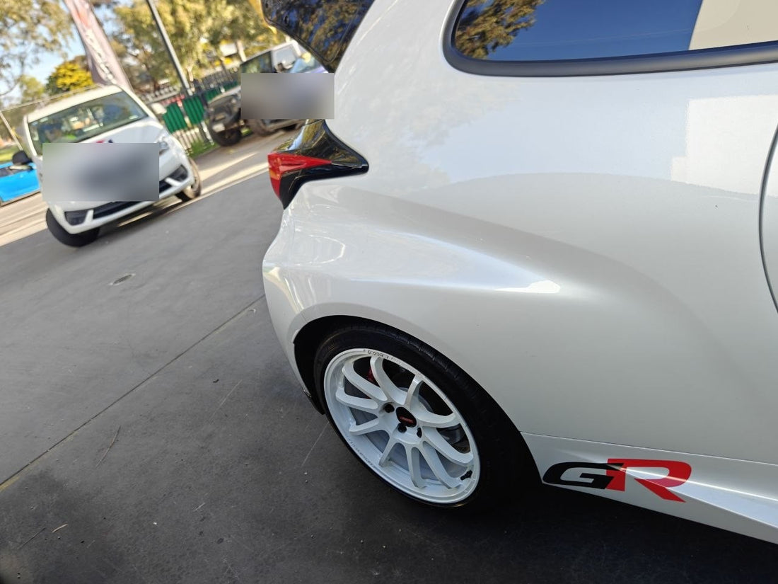 Toyota GR Yaris Rear Quarter Fitment with Rays 57NR White Wheels Adelaide