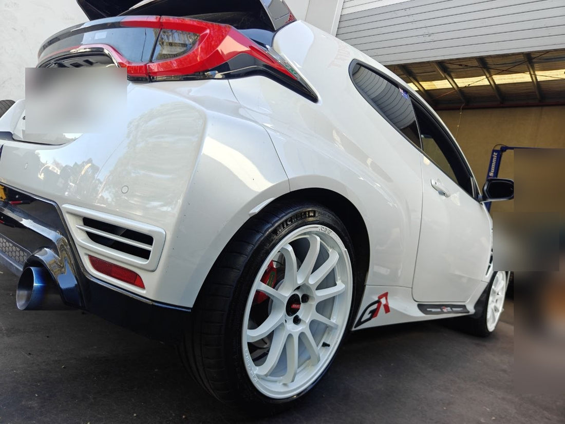 GR Yaris Four-Wheel Alignment After Rays 57NR White Wheels Adelaide