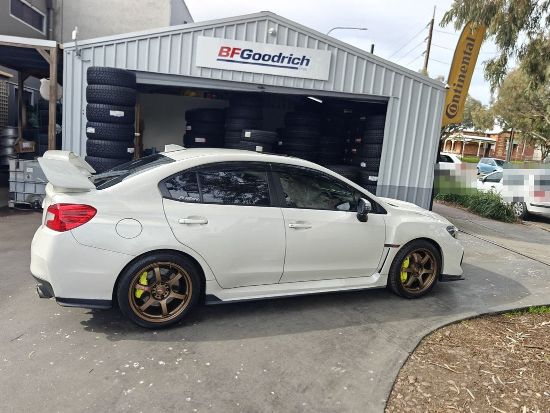 White Subaru STI with Bronze RAYS 57DR Wheels Adelaide