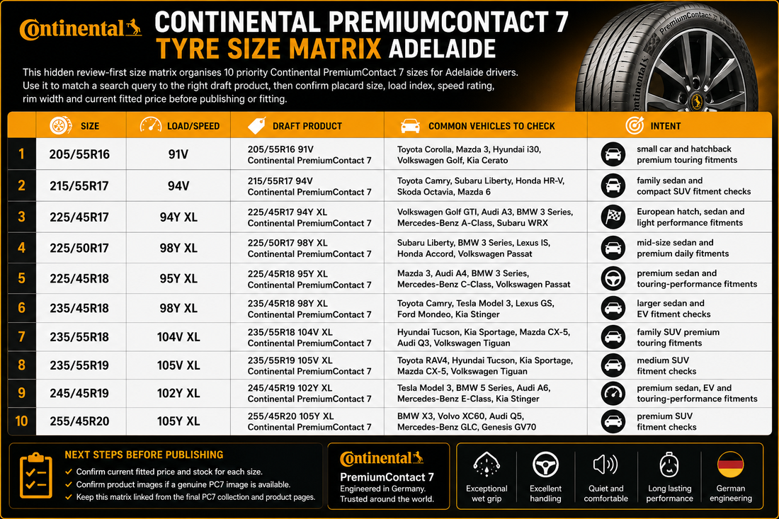 Continental PremiumContact 7 Tyre Size Matrix Adelaide