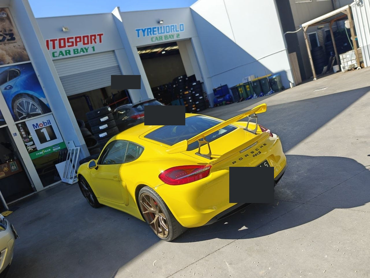 Porsche Cayman GT4 981 fitted with Continental SportContact 7 tyres at Autosport Tyre World Magill