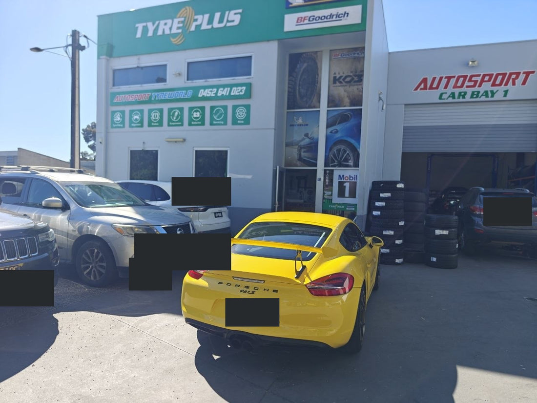 Porsche Cayman GT4 981 fitted with Continental SportContact 7 tyres at Autosport Tyre World Magill