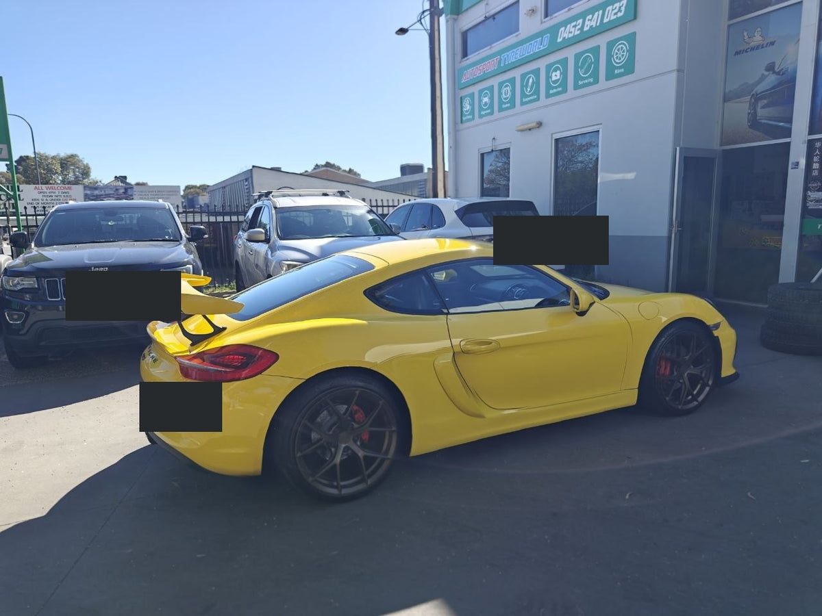 Porsche Cayman GT4 981 fitted with Continental SportContact 7 tyres at Autosport Tyre World Magill