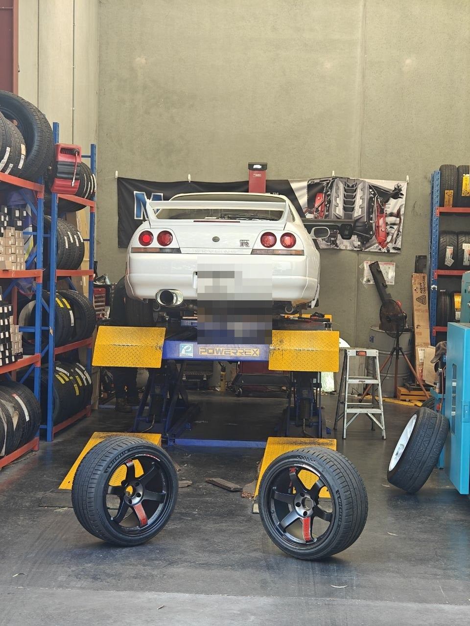 Nissan Skyline R33 GT-R with RAYS TE37SL Black Edition III wheels and 265/35R18 Michelin Pilot Sport 5 tyres at Autosport Tyre World Magill