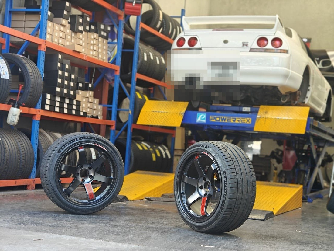 Nissan Skyline R33 GT-R with RAYS TE37SL Black Edition III wheels and 265/35R18 Michelin Pilot Sport 5 tyres at Autosport Tyre World Magill